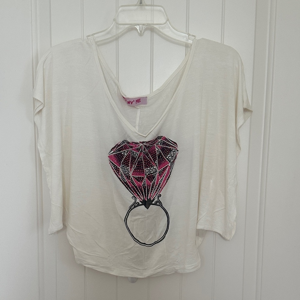 Pre-owned White Top with Pink Gem Design-S